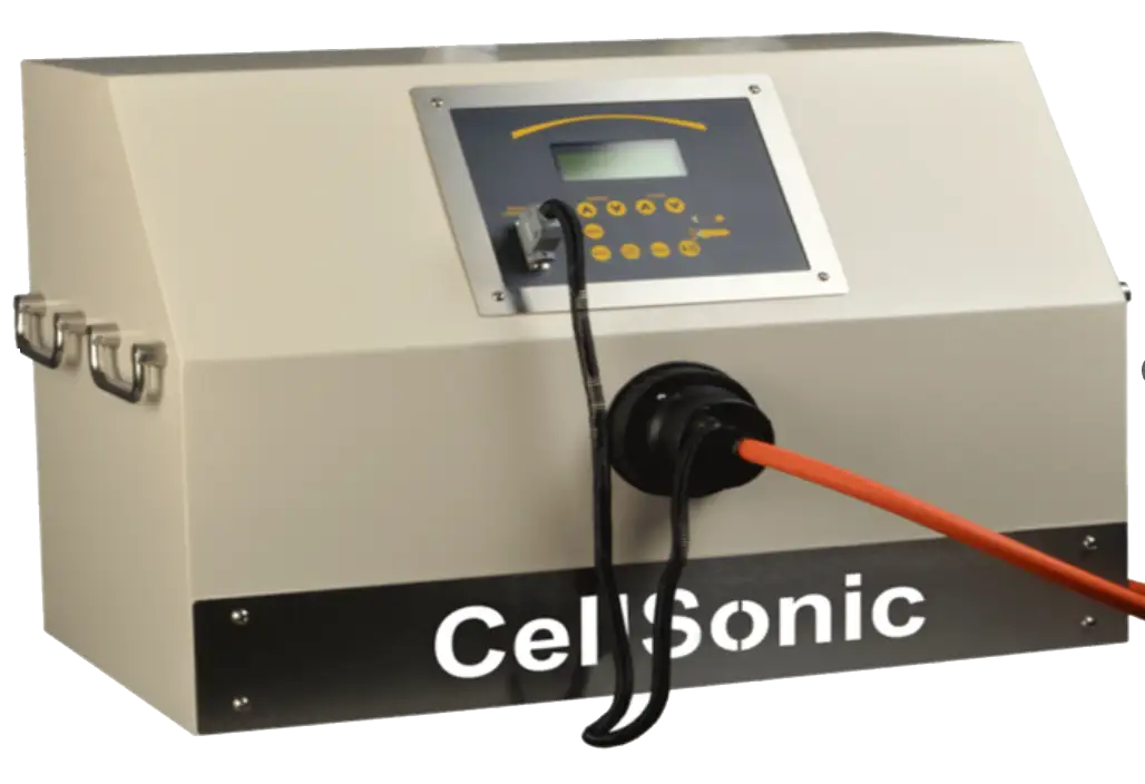 Cell sonic machine with attached head connected with orange wire on a white background