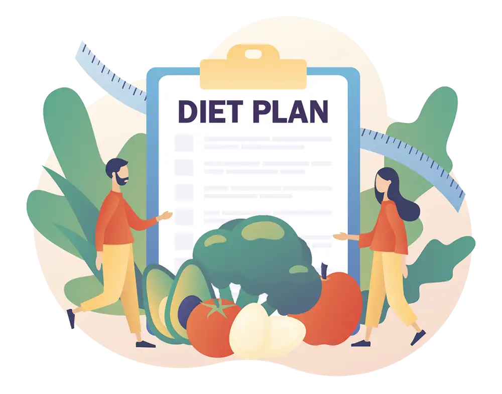 Illustration with a clip board that reads diet plan on the top avocado broccoli apple tomato on the bottom with a tape measure running from top left to bottom right and a man on the right and woman on the left